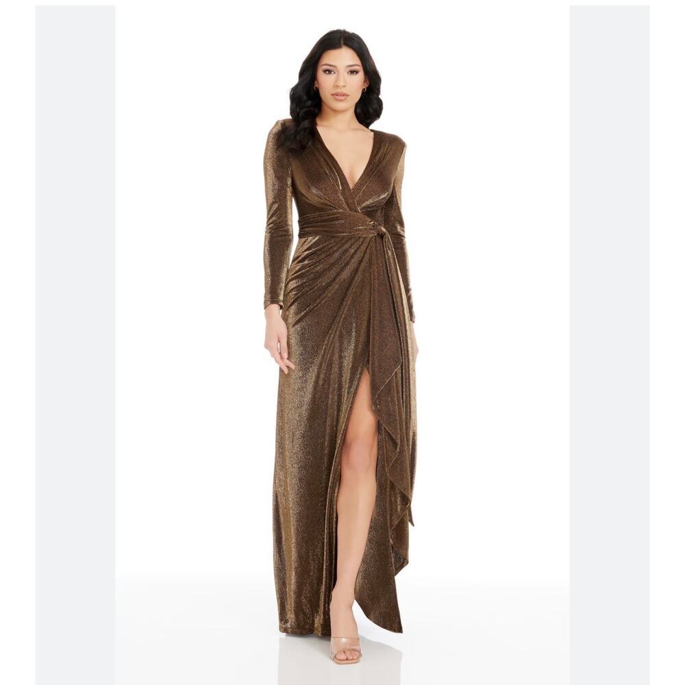 Dress the Population Shania Metallic Draped Mermaid Gown Gold Multi Size M NWOT